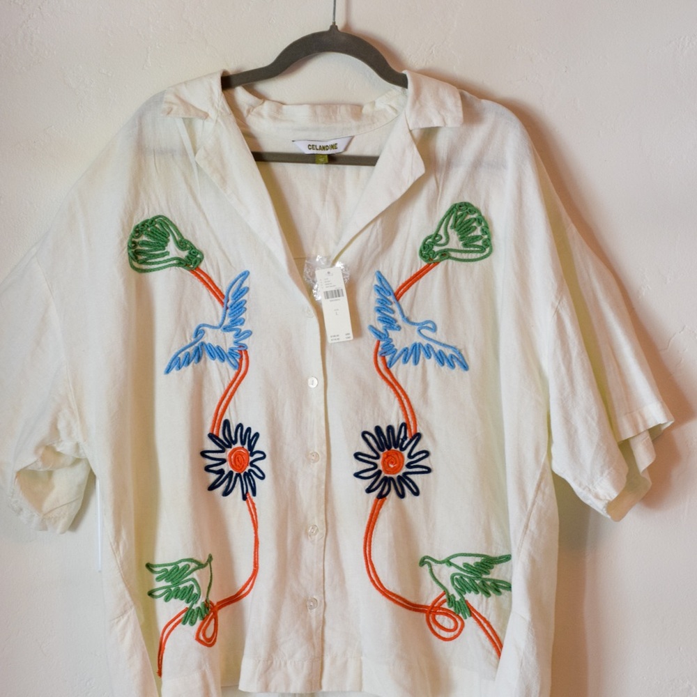 Elegant Embroidered Cream Button Down Shirt